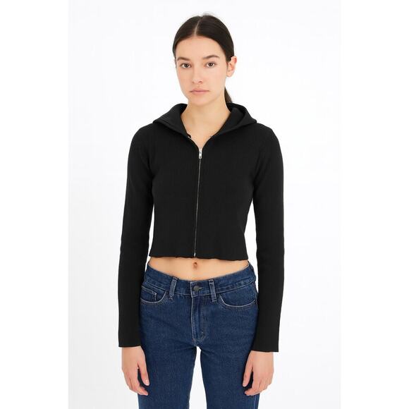 Brandy Melville Black Knit Cropped Zip Up Hoodie Women’s One Size - Picture 2 of 11